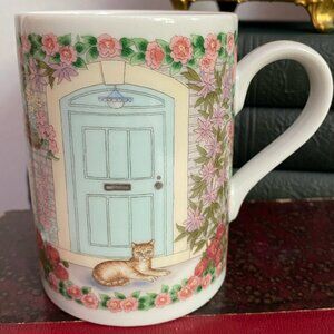 Vintage Brown Tabby Cat Kitten Flowers Door Otagiri Fraser Ceramic Mug 90s Japan
